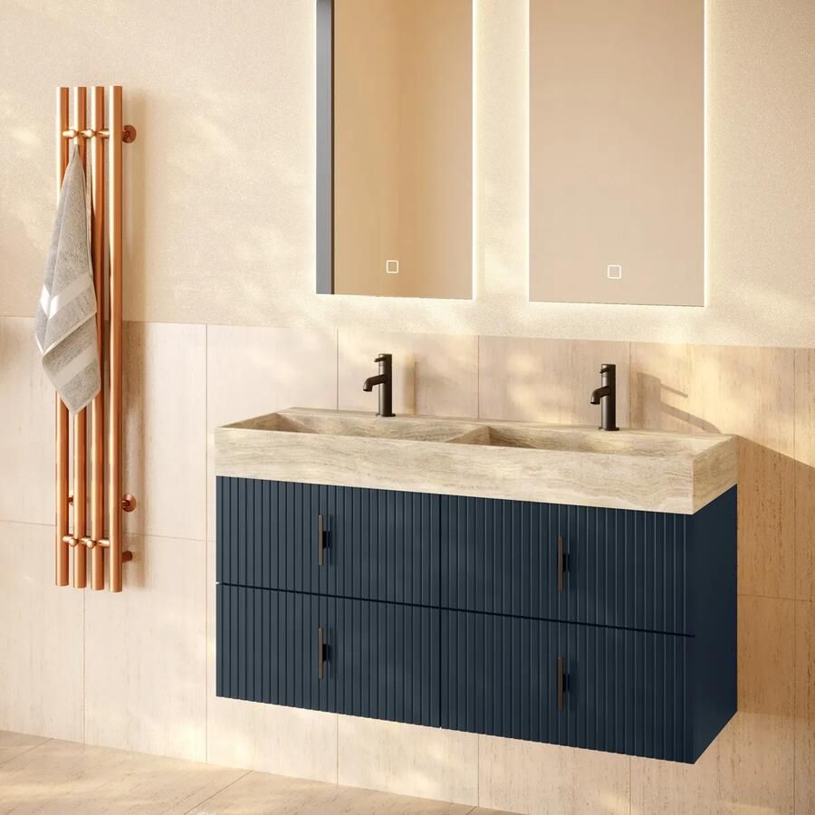 Muebles Murcia badmeubel ribbelfront 120cm marine blauw met White Travertin wastafel met kraangaten