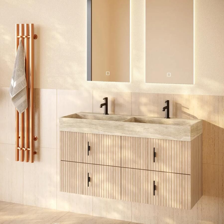 Muebles Murcia badmeubel ribbelfront 120cm naturel eiken met White Travertin wastafel met kraangaten
