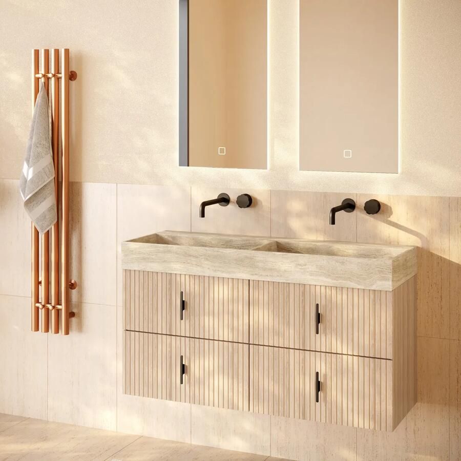 Muebles Murcia badmeubel ribbelfront 120cm naturel eiken met White Travertin wastafel zonder kraangaten