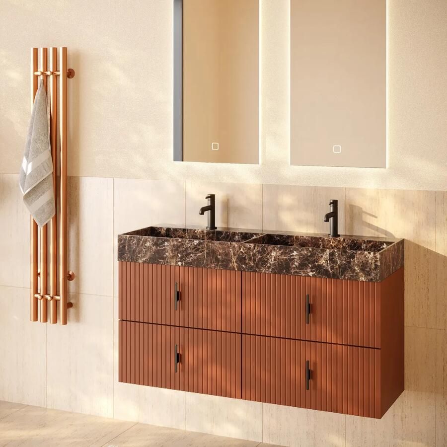 Muebles Murcia badmeubel ribbelfront 120cm terracotta met Dark Emperador wastafel met kraangaten