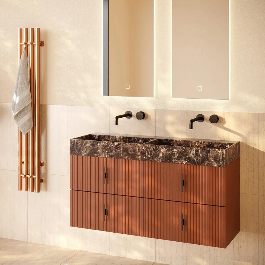 Muebles Murcia badmeubel ribbelfront 120cm terracotta met Dark Emperador wastafel zonder kraangaten