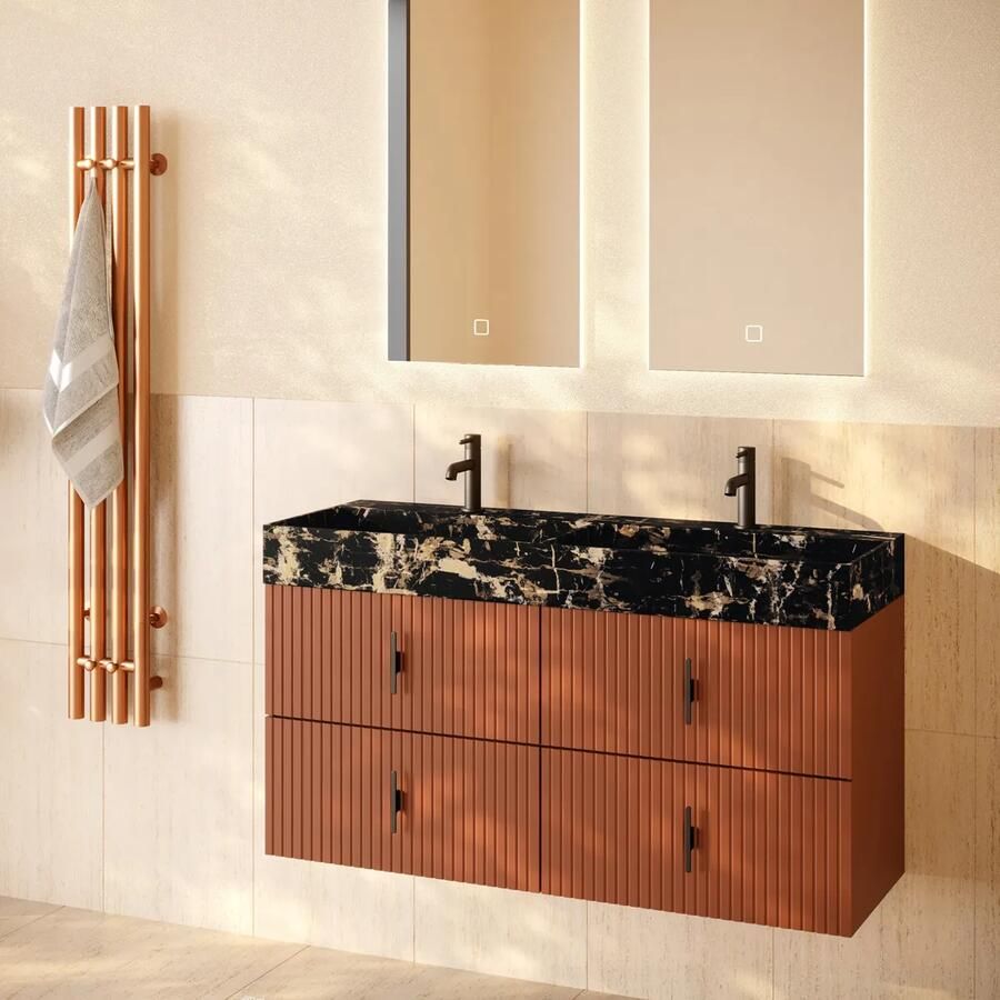 Muebles Murcia badmeubel ribbelfront 120cm terracotta met Portoro Gold wastafel met kraangaten