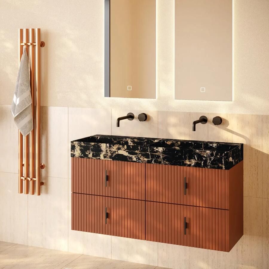 Muebles Murcia badmeubel ribbelfront 120cm terracotta met Portoro Gold wastafel zonder kraangaten