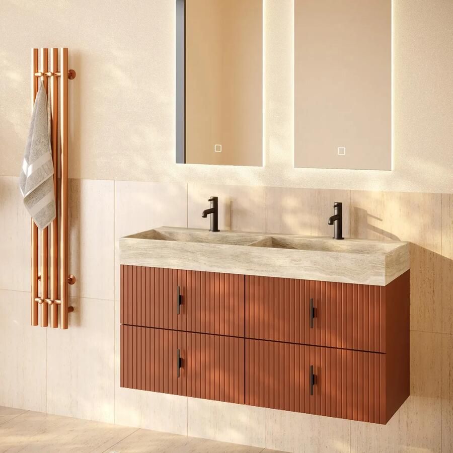 Muebles Murcia badmeubel ribbelfront 120cm terracotta met White Travertin wastafel met kraangaten