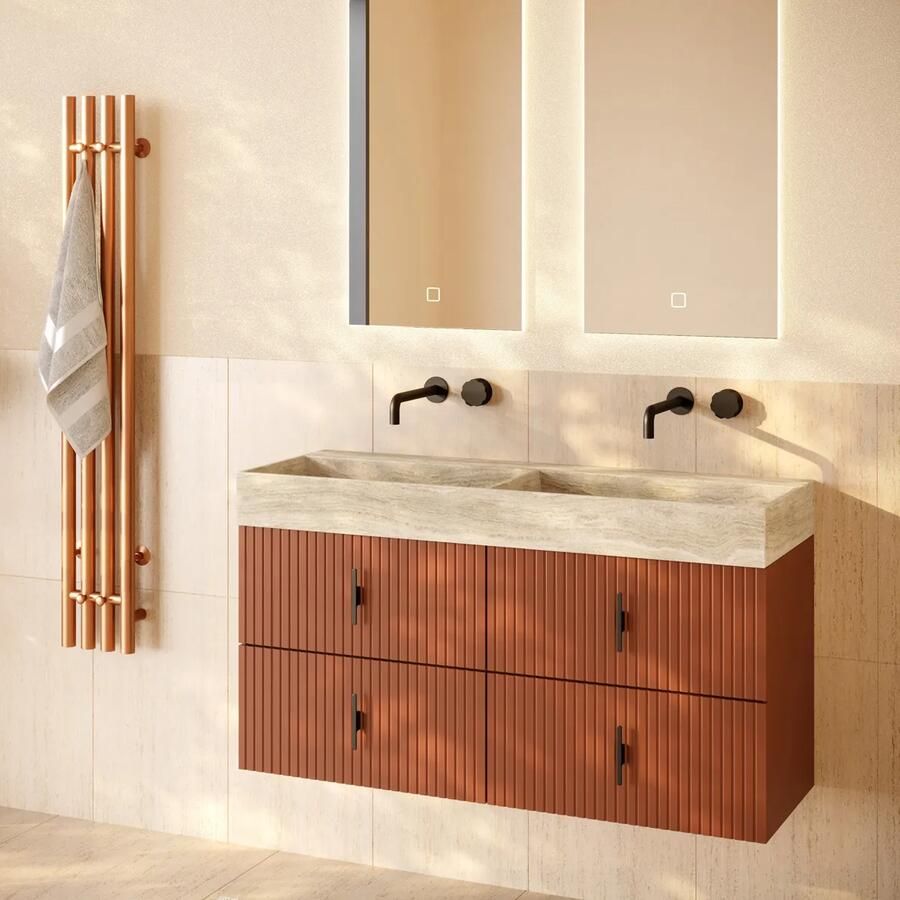 Muebles Murcia badmeubel ribbelfront 120cm terracotta met White Travertin wastafel zonder kraangaten