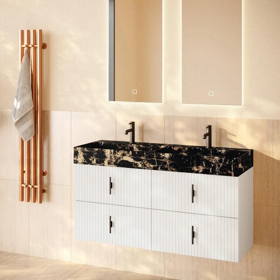 Muebles Murcia badmeubel ribbelfront 120cm wit mat met Portoro Gold wastafel met kraangaten