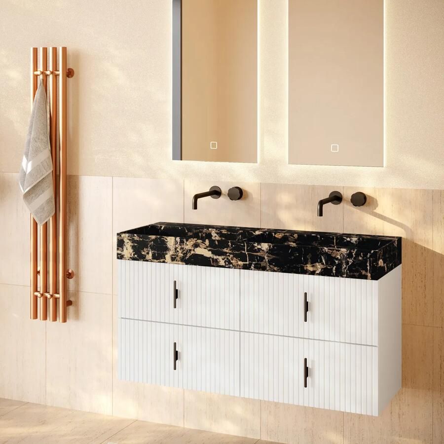 Muebles Murcia badmeubel ribbelfront 120cm wit mat met Portoro Gold wastafel zonder kraangaten