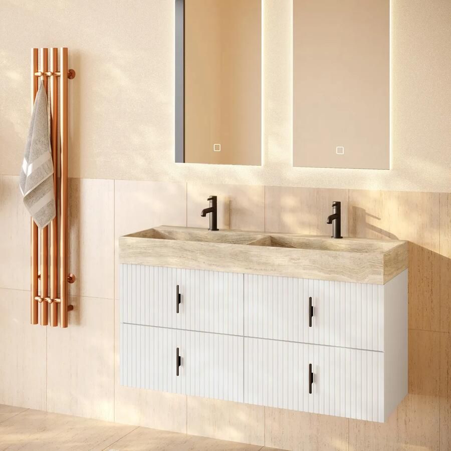 Muebles Murcia badmeubel ribbelfront 120cm wit mat met White Travertin wastafel met kraangaten