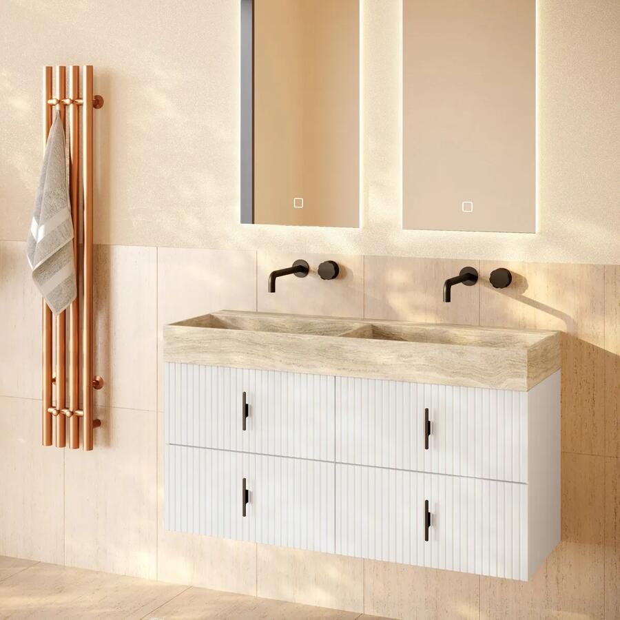 Muebles Murcia badmeubel ribbelfront 120cm wit mat met White Travertin wastafel zonder kraangaten