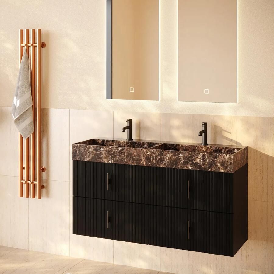 Muebles Murcia badmeubel ribbelfront 120cm zwart mat met Dark Emperador wastafel met kraangaten