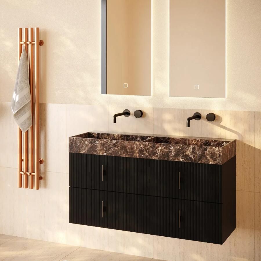 Muebles Murcia badmeubel ribbelfront 120cm zwart mat met Dark Emperador wastafel zonder kraangaten