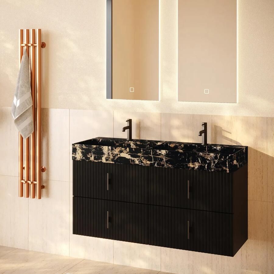 Muebles Murcia badmeubel ribbelfront 120cm zwart mat met Portoro Gold wastafel met kraangaten