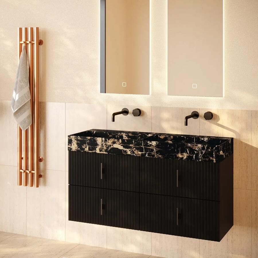 Muebles Murcia badmeubel ribbelfront 120cm zwart mat met Portoro Gold wastafel zonder kraangaten