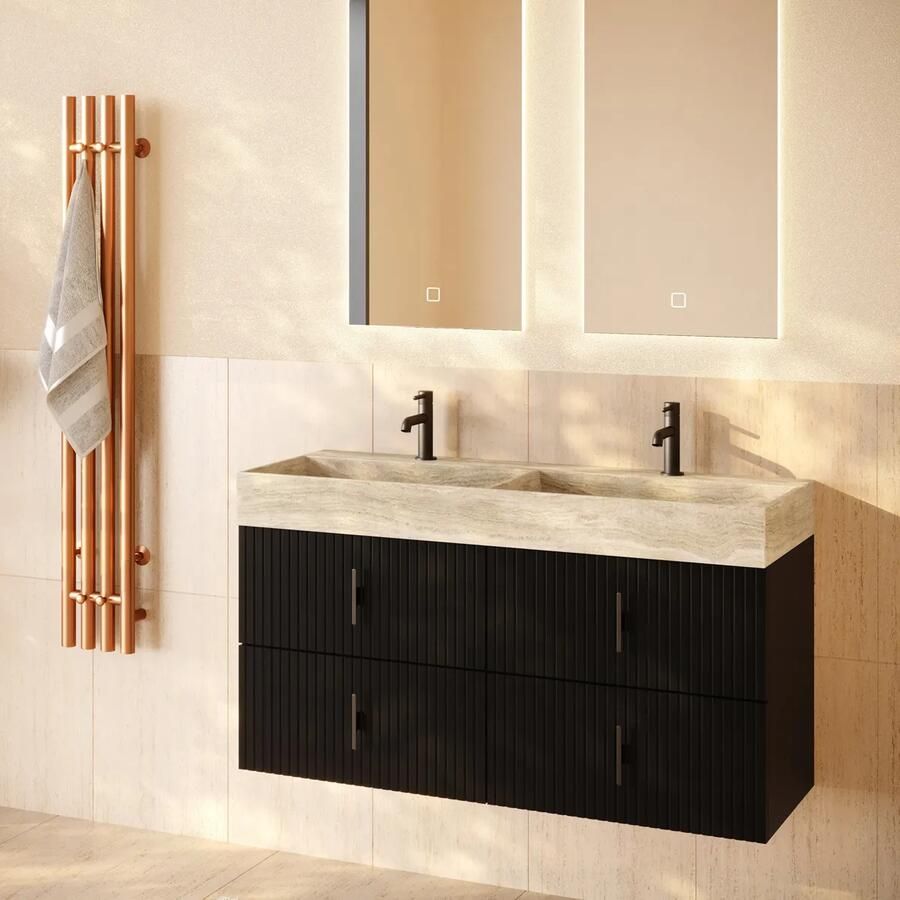 Muebles Murcia badmeubel ribbelfront 120cm zwart mat met White Travertin wastafel met kraangaten