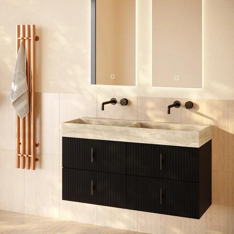 Muebles Murcia badmeubel ribbelfront 120cm zwart mat met White Travertin wastafel zonder kraangaten