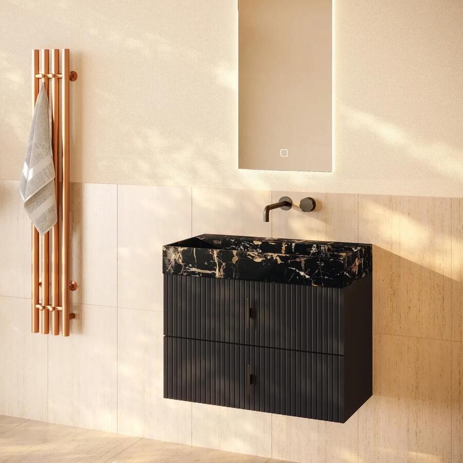 Muebles Murcia badmeubel ribbelfront 80cm antraciet met Portoro Gold wastafel zonder kraangat