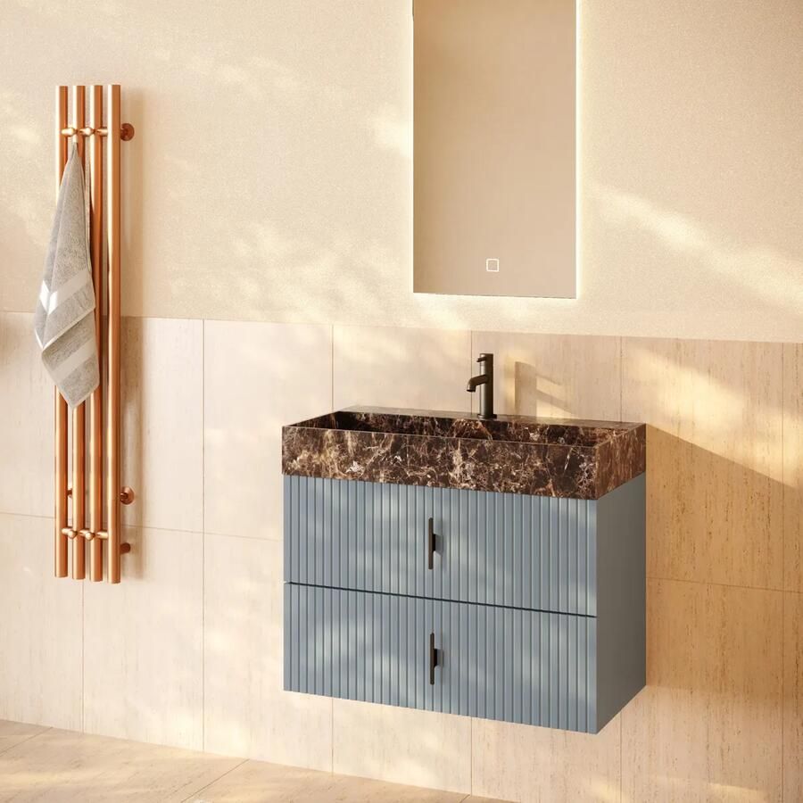 Muebles Murcia badmeubel ribbelfront 80cm baby blauw met Dark Emperador wastafel met kraangat