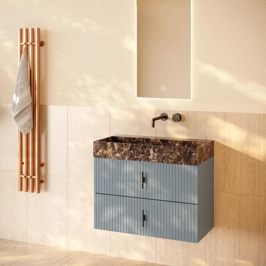 Muebles Murcia badmeubel ribbelfront 80cm baby blauw met Dark Emperador wastafel zonder kraangat