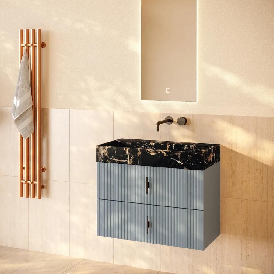 Muebles Murcia badmeubel ribbelfront 80cm baby blauw met Portoro Gold wastafel zonder kraangat