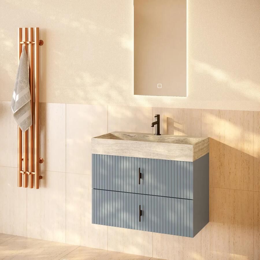 Muebles Murcia badmeubel ribbelfront 80cm baby blauw met White Travertin wastafel met kraangat