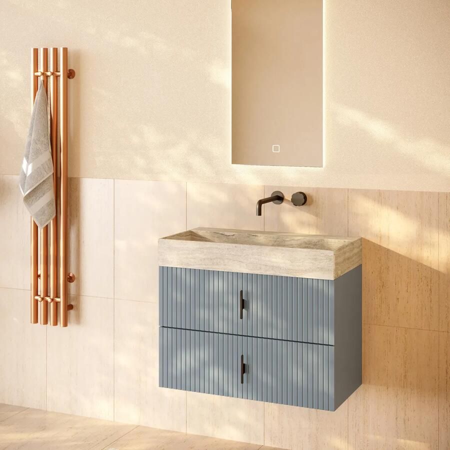 Muebles Murcia badmeubel ribbelfront 80cm baby blauw met White Travertin wastafel zonder kraangat