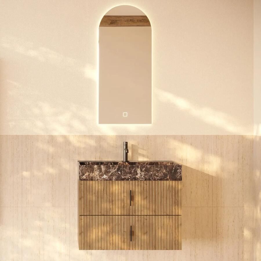 Muebles Murcia badmeubel ribbelfront 80cm eiken met Dark Emperador wastafel met kraangat