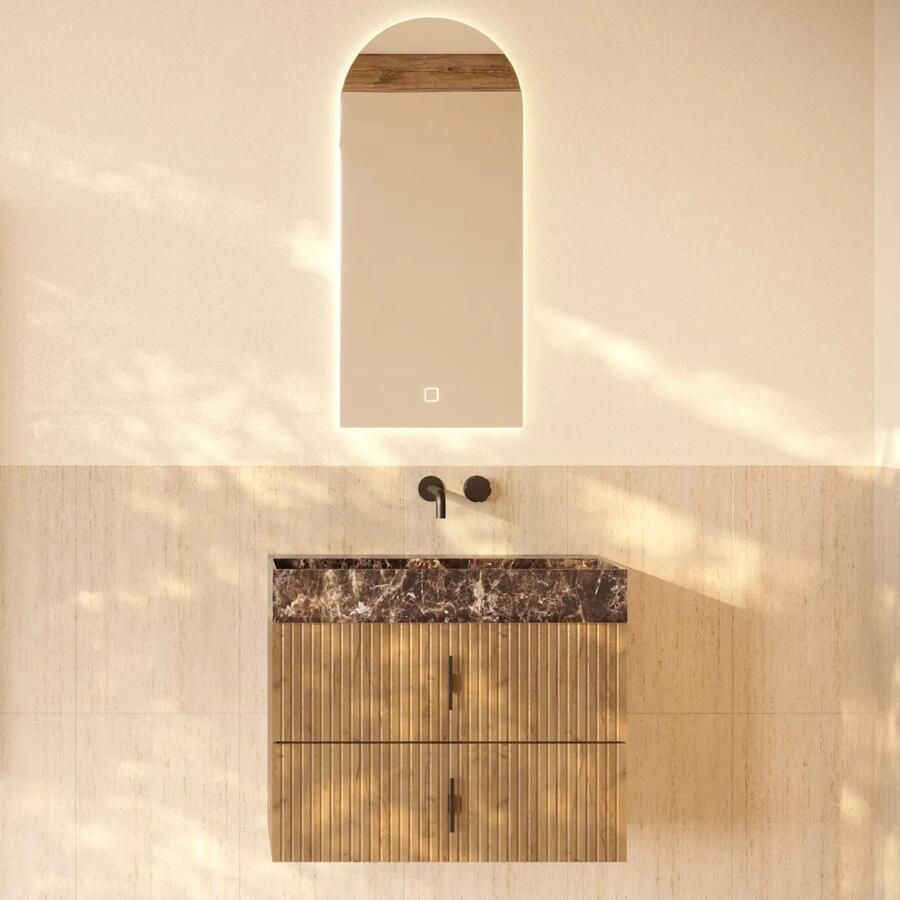 Muebles Murcia badmeubel ribbelfront 80cm eiken met Dark Emperador wastafel zonder kraangat