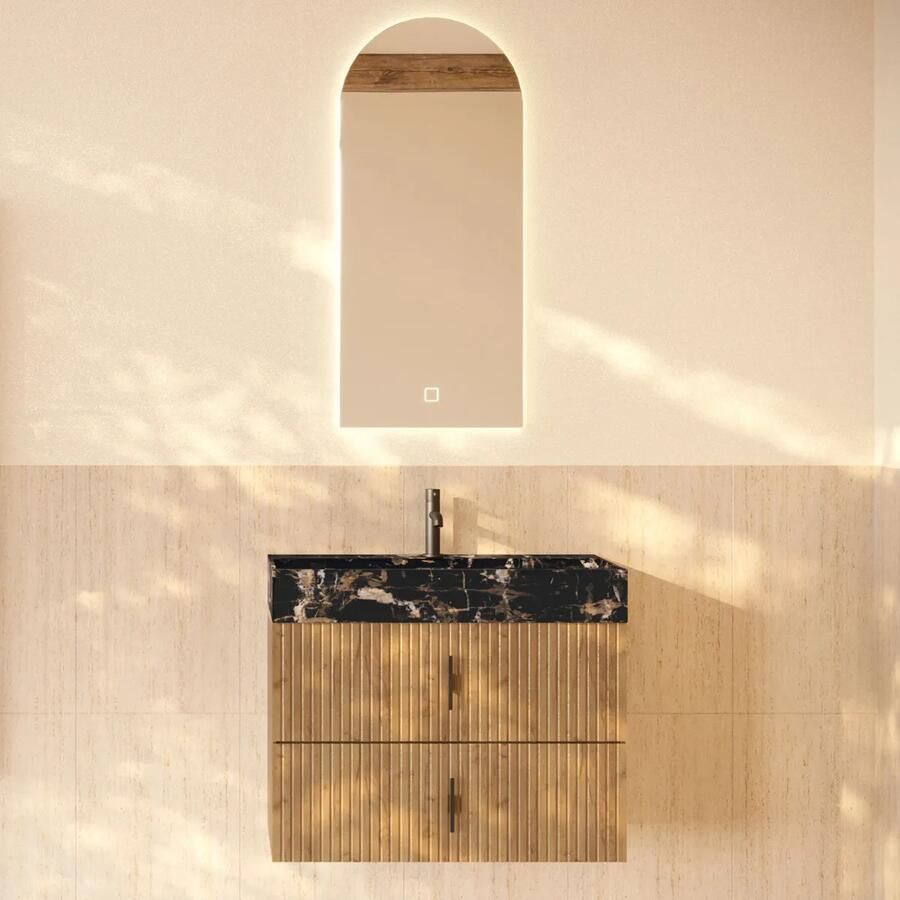 Muebles Murcia badmeubel ribbelfront 80cm eiken met Portoro Gold wastafel met kraangat