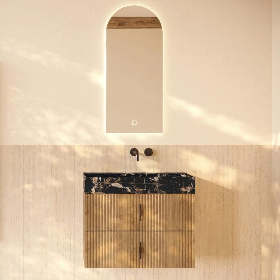 Muebles Murcia badmeubel ribbelfront 80cm eiken met Portoro Gold wastafel zonder kraangat