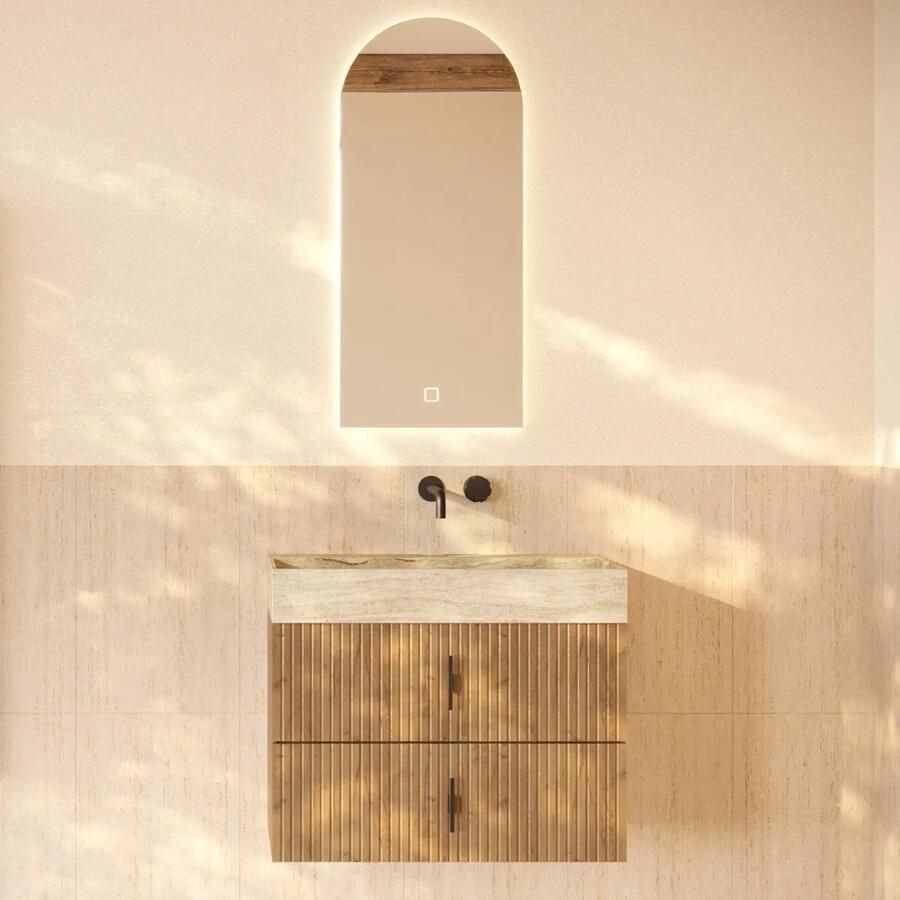 Muebles Murcia badmeubel ribbelfront 80cm eiken met White Travertin wastafel zonder kraangat