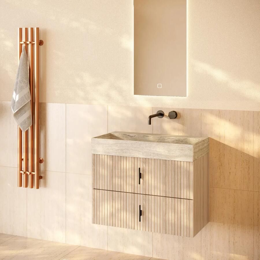 Muebles Murcia badmeubel ribbelfront 80cm naturel eiken met White Travertin wastafel zonder kraangat