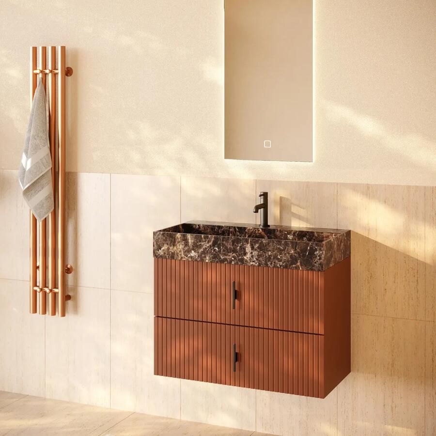 Muebles Murcia badmeubel ribbelfront 80cm terracotta met Dark Emperador wastafel met kraangat