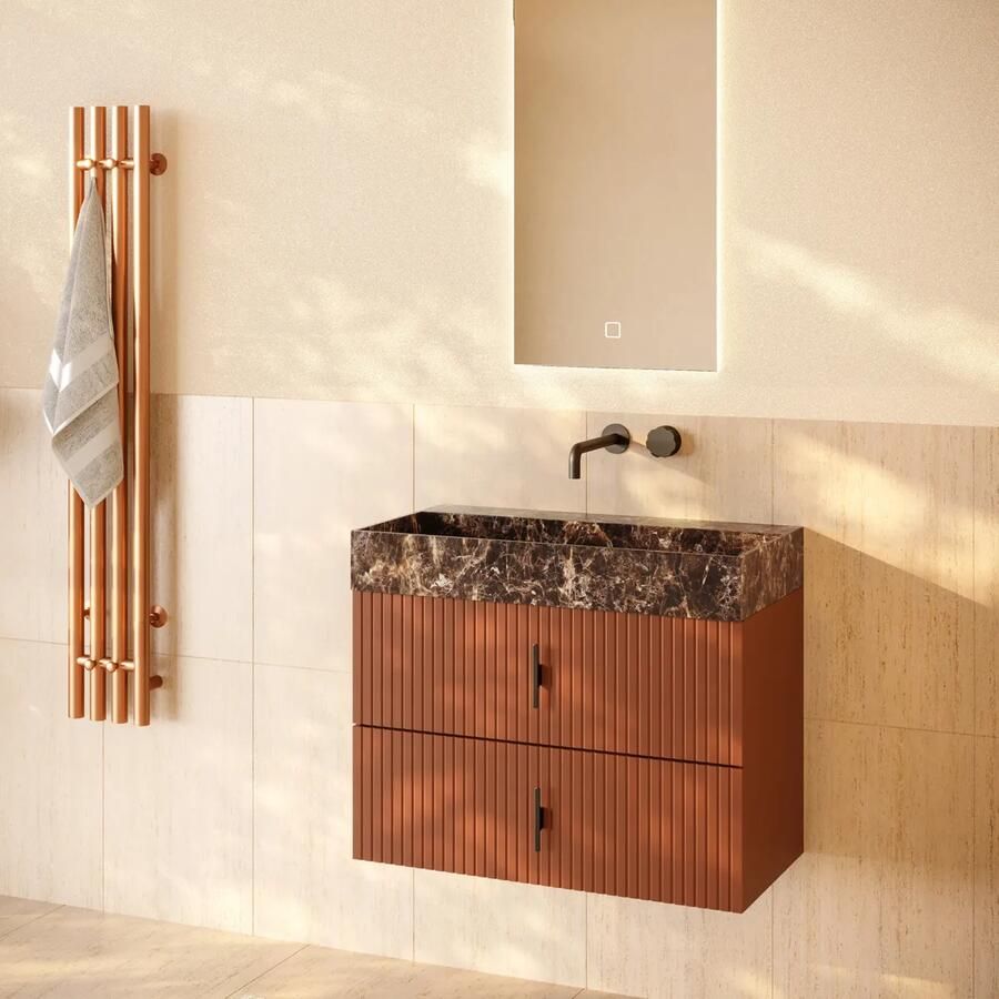 Muebles Murcia badmeubel ribbelfront 80cm terracotta met Dark Emperador wastafel zonder kraangat