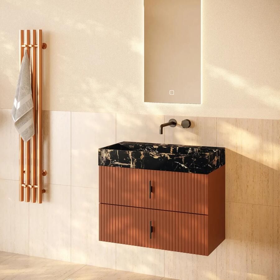 Muebles Murcia badmeubel ribbelfront 80cm terracotta met Portoro Gold wastafel zonder kraangat