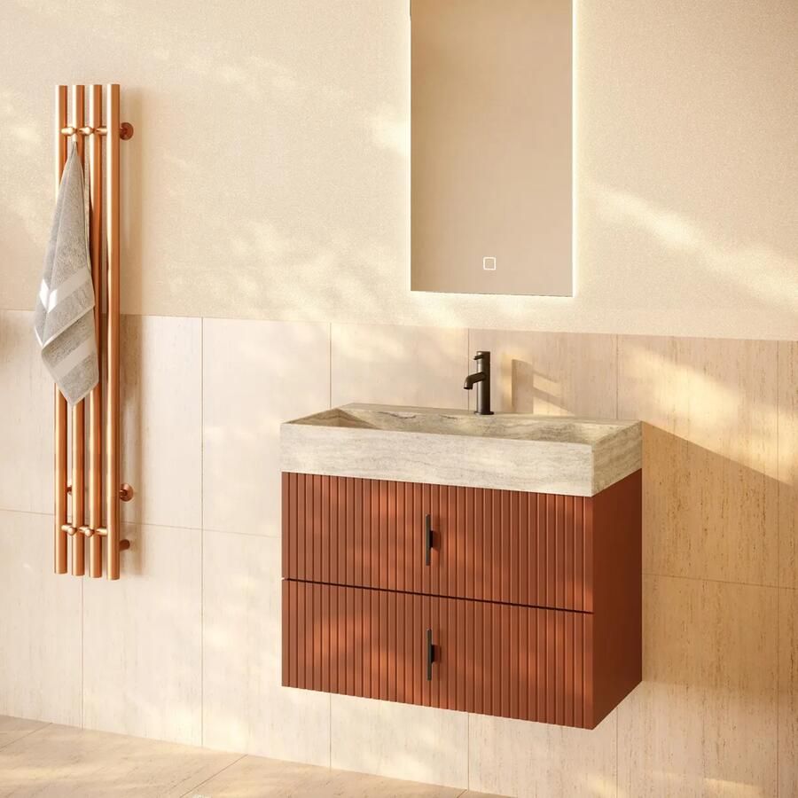 Muebles Murcia badmeubel ribbelfront 80cm terracotta met White Travertin wastafel met kraangat