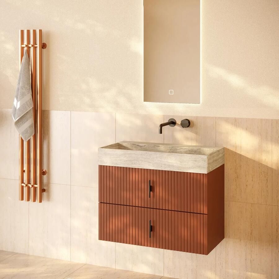 Muebles Murcia badmeubel ribbelfront 80cm terracotta met White Travertin wastafel zonder kraangat