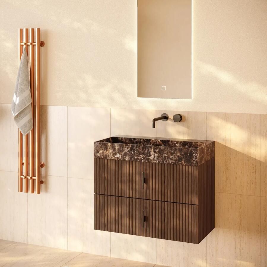 Muebles Murcia badmeubel ribbelfront 80cm walnoot met Dark Emperador wastafel zonder kraangat