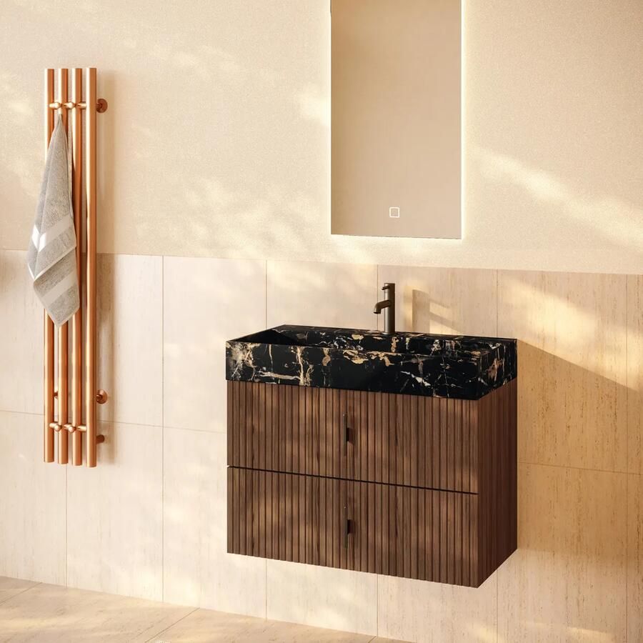 Muebles Murcia badmeubel ribbelfront 80cm walnoot met Portoro Gold wastafel met kraangat