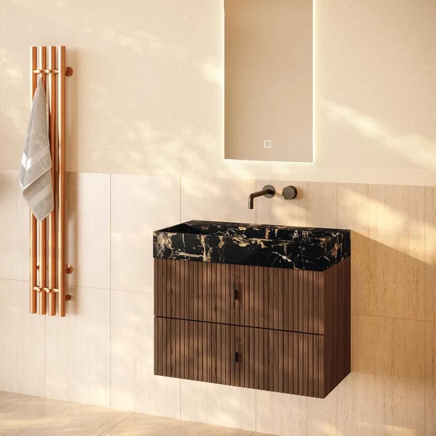 Muebles Murcia badmeubel ribbelfront 80cm walnoot met Portoro Gold wastafel zonder kraangat