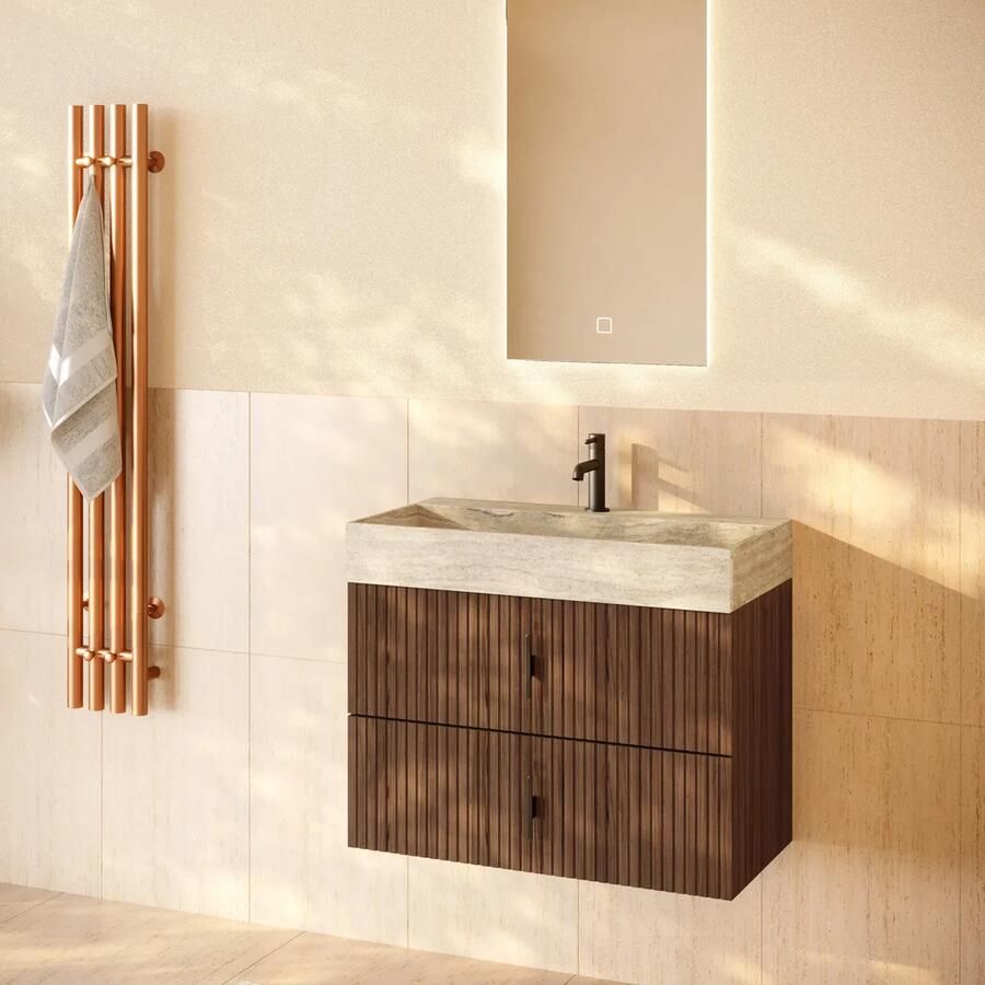 Muebles Murcia badmeubel ribbelfront 80cm walnoot met White Travertin wastafel met kraangat