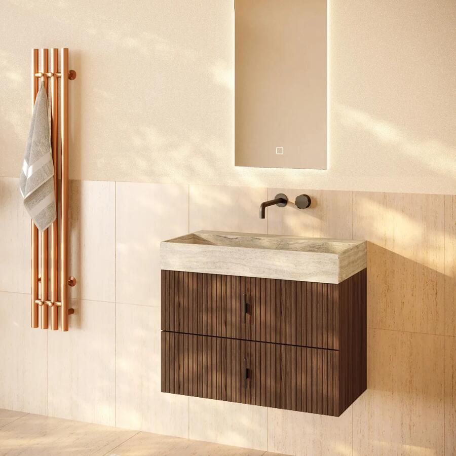 Muebles Murcia badmeubel ribbelfront 80cm walnoot met White Travertin wastafel zonder kraangat