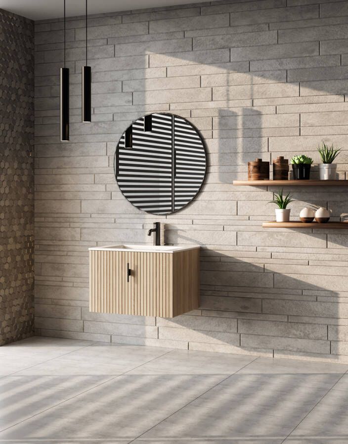 Muebles Raya badmeubel ribbelfront 60cm naturel eiken met witte wastafel met kraangat