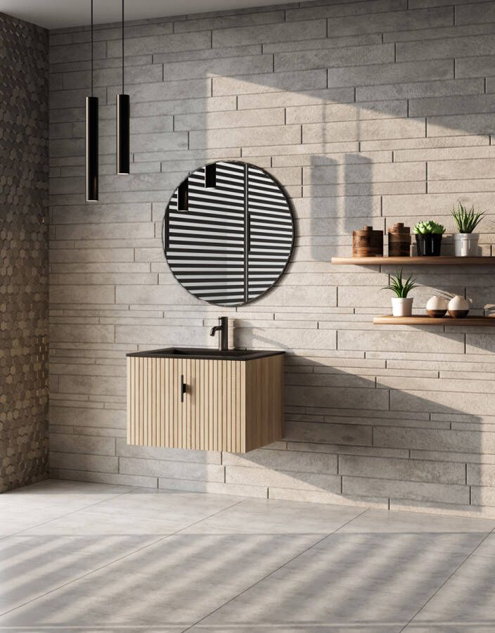 Muebles Raya badmeubel ribbelfront 60cm naturel eiken met zwarte wastafel met kraangat