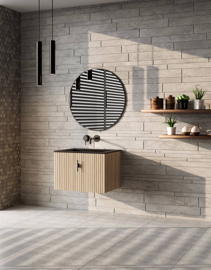 Muebles Raya badmeubel ribbelfront 60cm naturel eiken met zwarte wastafel zonder kraangat