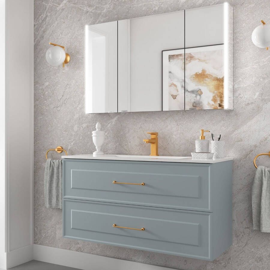 Muebles Renoir 100cm lichtblauw badkamermeubel met keramische wastafel en langwerpige handgrepen goud