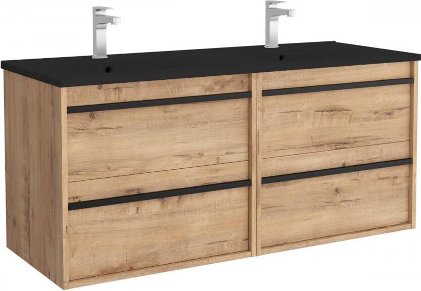 Muebles Resh badkamermeubel eiken 120cm met zwarte wastafel en kraangaten