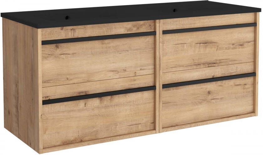 Muebles Resh badkamermeubel eiken 120cm met zwarte wastafel zonder kraangaten