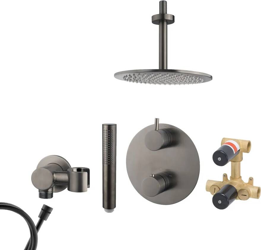 Mueller Ferro inbouw regendouche rond met 20cm hoofddouche en plafondarm 15cm gunmetal verouderd ijzer