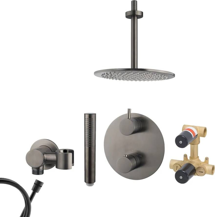 Mueller Ferro inbouw regendouche rond met 20cm hoofddouche en plafondarm 20cm gunmetal verouderd ijzer