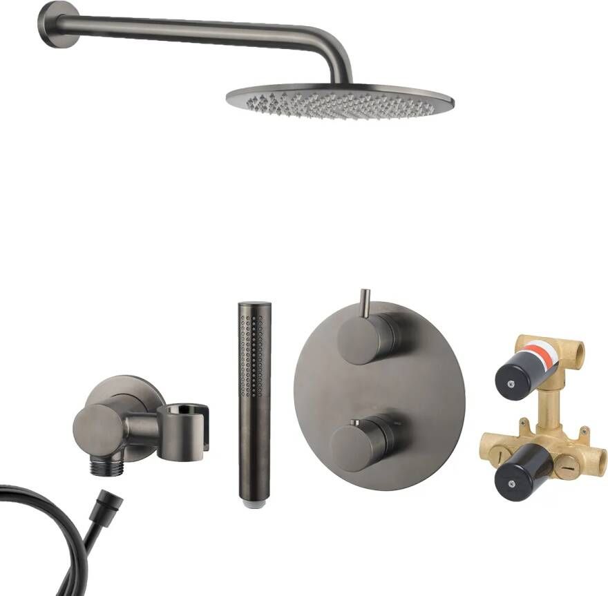 Mueller Ferro inbouw regendouche rond met 30cm hoofddouche en muurarm 45cm gunmetal verouderd ijzer